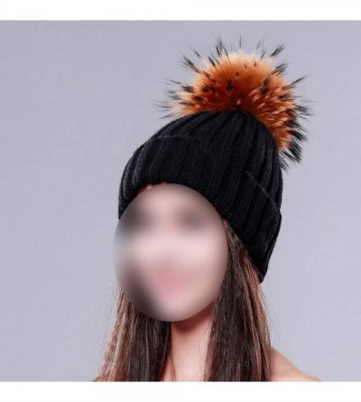 Skullies & Beanies Knitted Real Fur Hat 100% Real Raccoon Fur Pom Pom Hat Winter Women Hat Beanie for Women - Beige - CA18LZ9...