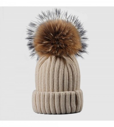 Skullies & Beanies Knitted Real Fur Hat 100% Real Raccoon Fur Pom Pom Hat Winter Women Hat Beanie for Women - Beige - CA18LZ9...