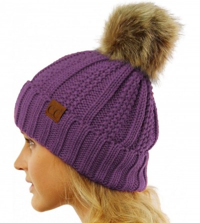 Skullies & Beanies Winter Sherpa Fleeced Lined Chunky Knit Stretch Pom Pom Beanie Hat Cap - Solid Violet - CF18K2QL6OA $16.90