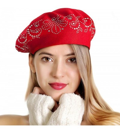 Berets Beret Hats for Women Rhinestones 2 Layers Wool French Hat Lady Winter Black Red - Red - CY187L0DGEZ $18.58