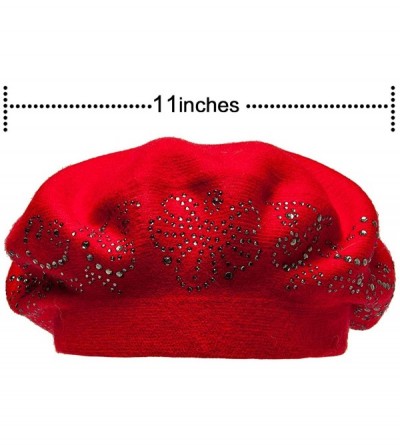 Berets Beret Hats for Women Rhinestones 2 Layers Wool French Hat Lady Winter Black Red - Red - CY187L0DGEZ $18.58