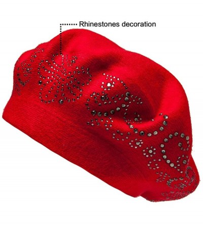 Berets Beret Hats for Women Rhinestones 2 Layers Wool French Hat Lady Winter Black Red - Red - CY187L0DGEZ $18.58