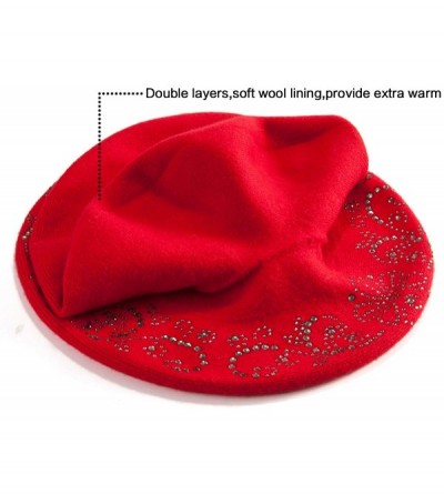 Berets Beret Hats for Women Rhinestones 2 Layers Wool French Hat Lady Winter Black Red - Red - CY187L0DGEZ $18.58