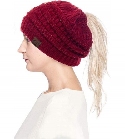 Skullies & Beanies Women Knitted Sparkle Sequin Soft Skull Cap Ponytail Messy Bun Beanie - Red - CF18IC8HNMW $15.66