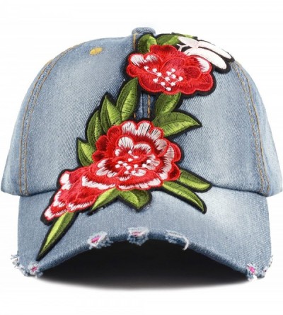 Baseball Caps 200 Bling Jewel Rhinestone Rose Patch Washed Denim Baseball Cap - 21. Flower Patch-1 - CC18RD587RW $10.60