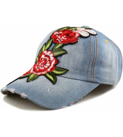 Baseball Caps 200 Bling Jewel Rhinestone Rose Patch Washed Denim Baseball Cap - 21. Flower Patch-1 - CC18RD587RW $10.60