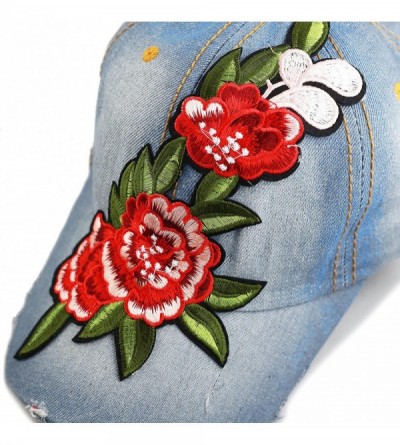 Baseball Caps 200 Bling Jewel Rhinestone Rose Patch Washed Denim Baseball Cap - 21. Flower Patch-1 - CC18RD587RW $10.60