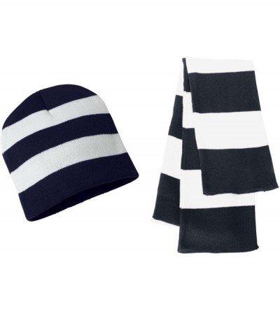 Skullies & Beanies Knit Collegiate Rugby Stripe Winter Scarf & Beanie Hat Set - Navy/White - CA119VEI3F7 $16.28