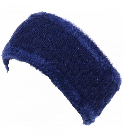Cold Weather Headbands Womens Chic Cold Weather Enhanced Warm Fleece Lined Crochet Knit Stretchy Fit - Glitter Navy - C818M6W...