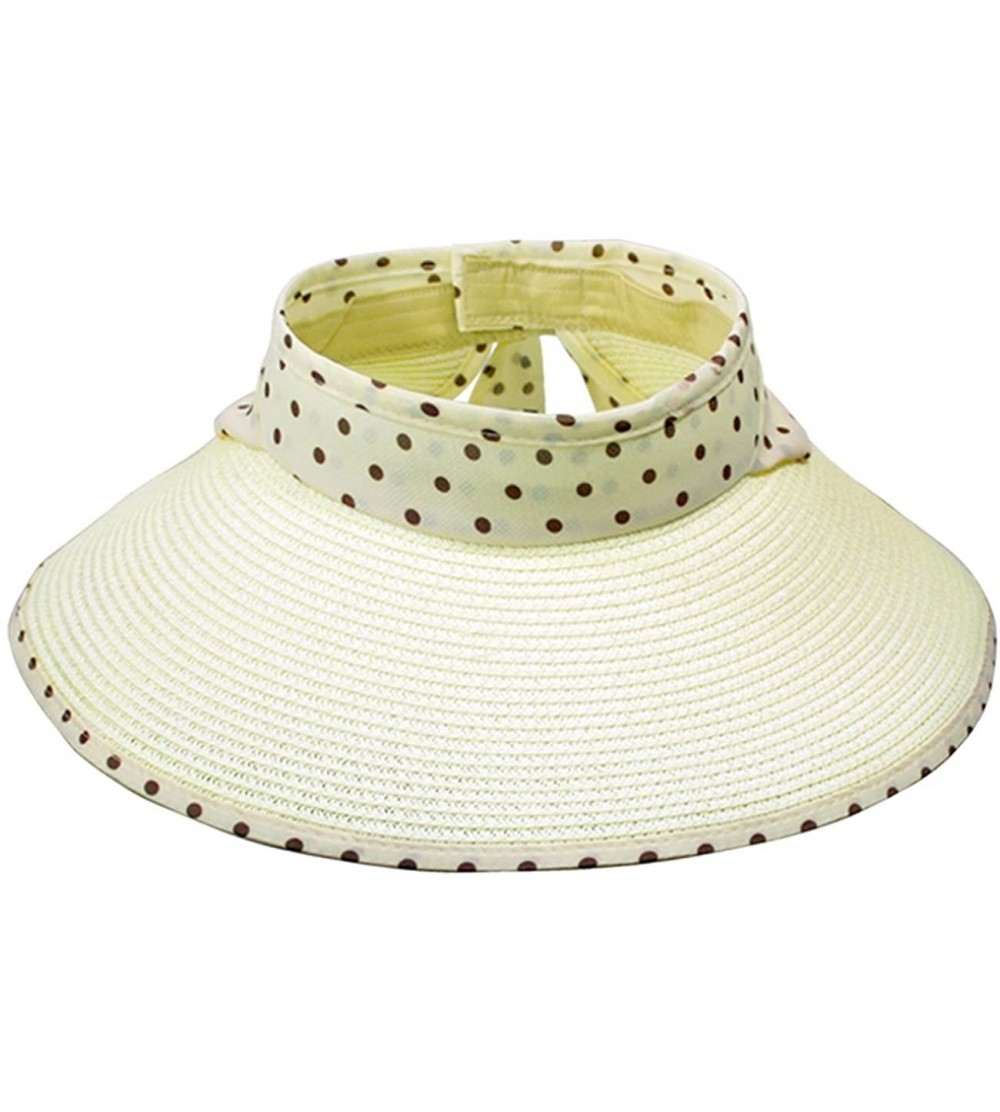 Sun Hats Women's Summer Sun Hat - Polka Dot Ribbon Straw Visor - Cream - CR11DEY1HFD $22.27