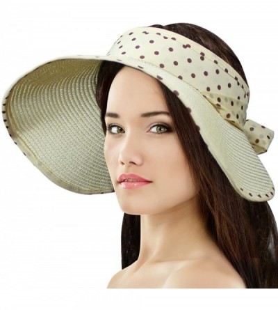 Sun Hats Women's Summer Sun Hat - Polka Dot Ribbon Straw Visor - Cream - CR11DEY1HFD $22.27