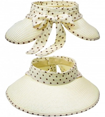 Sun Hats Women's Summer Sun Hat - Polka Dot Ribbon Straw Visor - Cream - CR11DEY1HFD $22.27