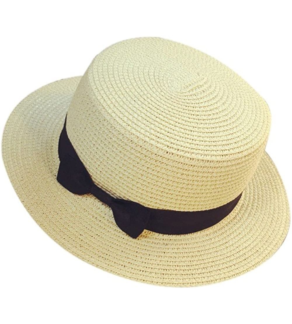 Sun Hats Women Summer Outdoor Beach Sun Straw Hat Bow Tie Flat Top UPF 50+ Wide Brim Sun Protection Hat Cap - CG18S5OCG6S $12.23