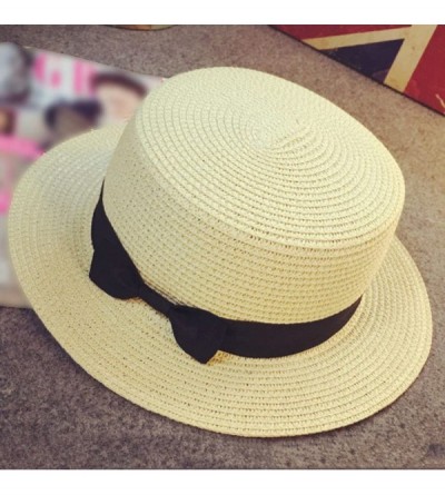 Sun Hats Women Summer Outdoor Beach Sun Straw Hat Bow Tie Flat Top UPF 50+ Wide Brim Sun Protection Hat Cap - CG18S5OCG6S $12.23