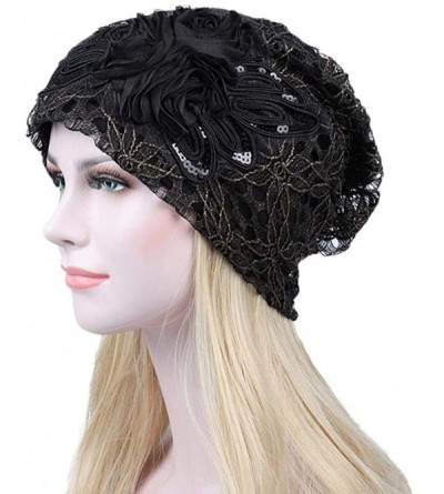 Skullies & Beanies Womens Hat Winter- Women Floral Lace Flower Slouchy Baggy Head Cap Beanie Hat - Black - CW188U7KSKU $9.70