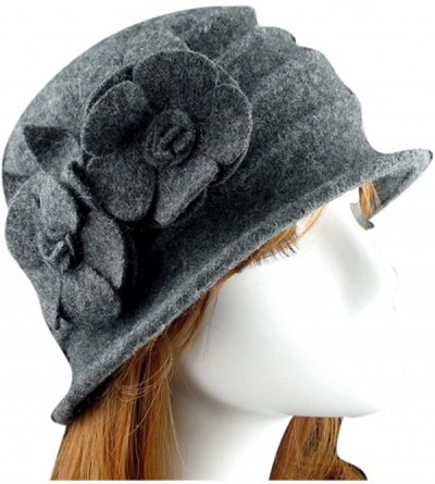 Skullies & Beanies Women 100% Wool Felt Round Top Cloche Hat Fedoras Trilby with Bow Flower - A5 Dark Grey - CR188ZZA4DN $16.84