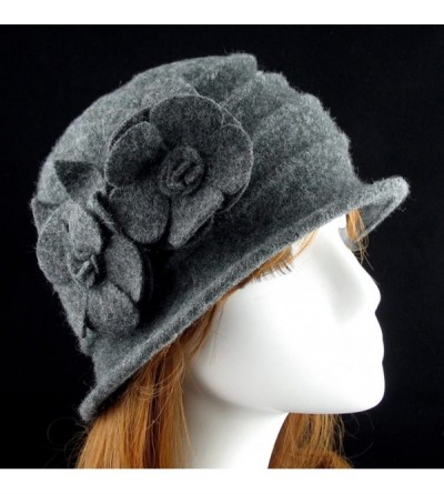 Skullies & Beanies Women 100% Wool Felt Round Top Cloche Hat Fedoras Trilby with Bow Flower - A5 Dark Grey - CR188ZZA4DN $16.84