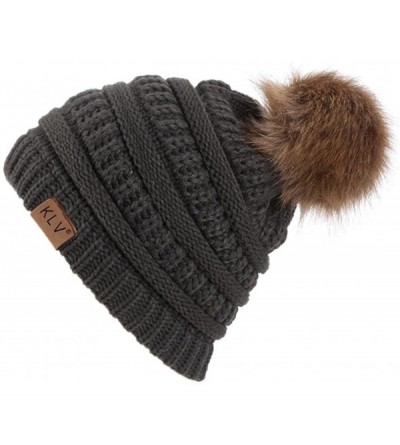 Skullies & Beanies Men Women Winter Warm Knitting Beanie Hat Faux Fur Pom Pom Crochet Ski Caps - Army Green - CM18GEDYY6T $9.43