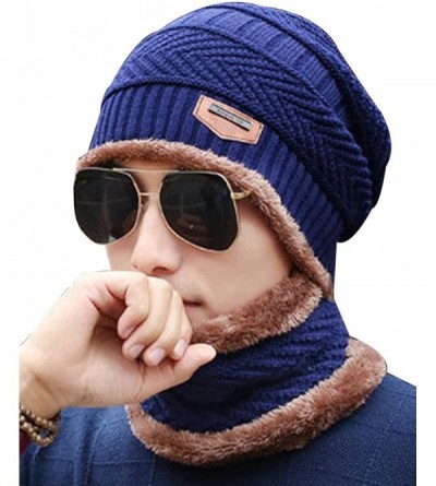 Cold Weather Headbands Women's and Men's Winter Velvet Thick Knitted Cap With Bib Outdoor Warm Two-piece Suit - Men's Blue - ...
