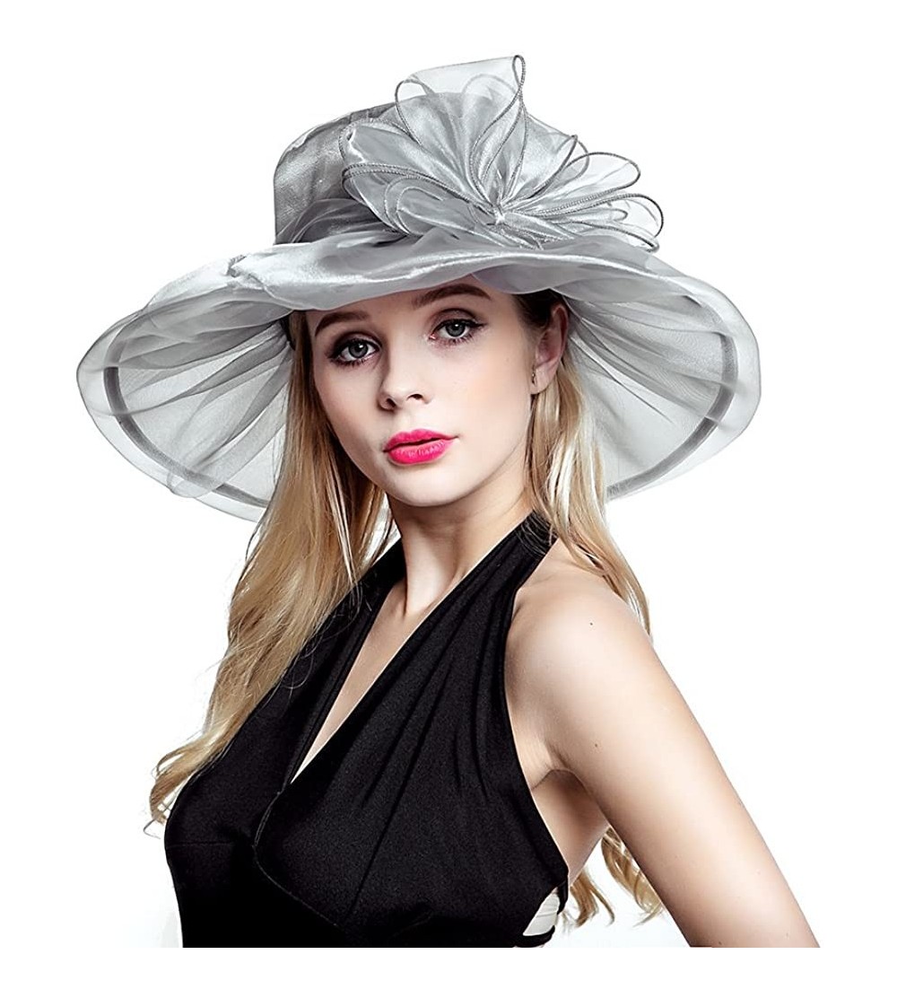 Sun Hats Ladies Organza Summer Sun Hat Party Beach Church Horse Race Cocktail Wedding Hat - Grey - CG17YX7DNR9 $20.71