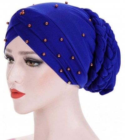 Skullies & Beanies Double Braid Turban Cotton Chemo Cancer Cap Muslim Hat Stretch Hat Head Wrap Cap for Women - Blue - C818WE...