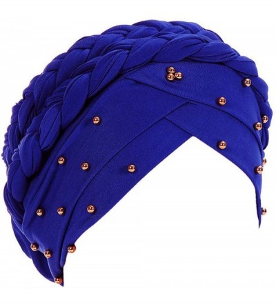 Skullies & Beanies Double Braid Turban Cotton Chemo Cancer Cap Muslim Hat Stretch Hat Head Wrap Cap for Women - Blue - C818WE...