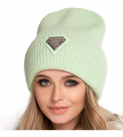 Skullies & Beanies Cuff Beanie - Wool Fold Watch Cap for Women - Diamond Fluffy Ribbed Knit Angora Stocking Ski Hat - Mint - ...