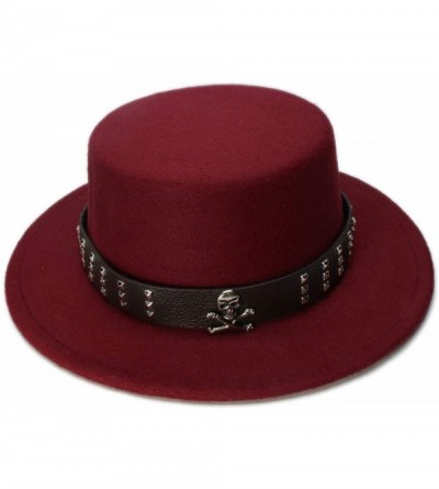 Fedoras Women Men Vintage 100% Wool Wide Brim Bowler Hat Skull Bead Leather Band (57cm/Adjust) - Wine - C018ME9RYR5 $67.51