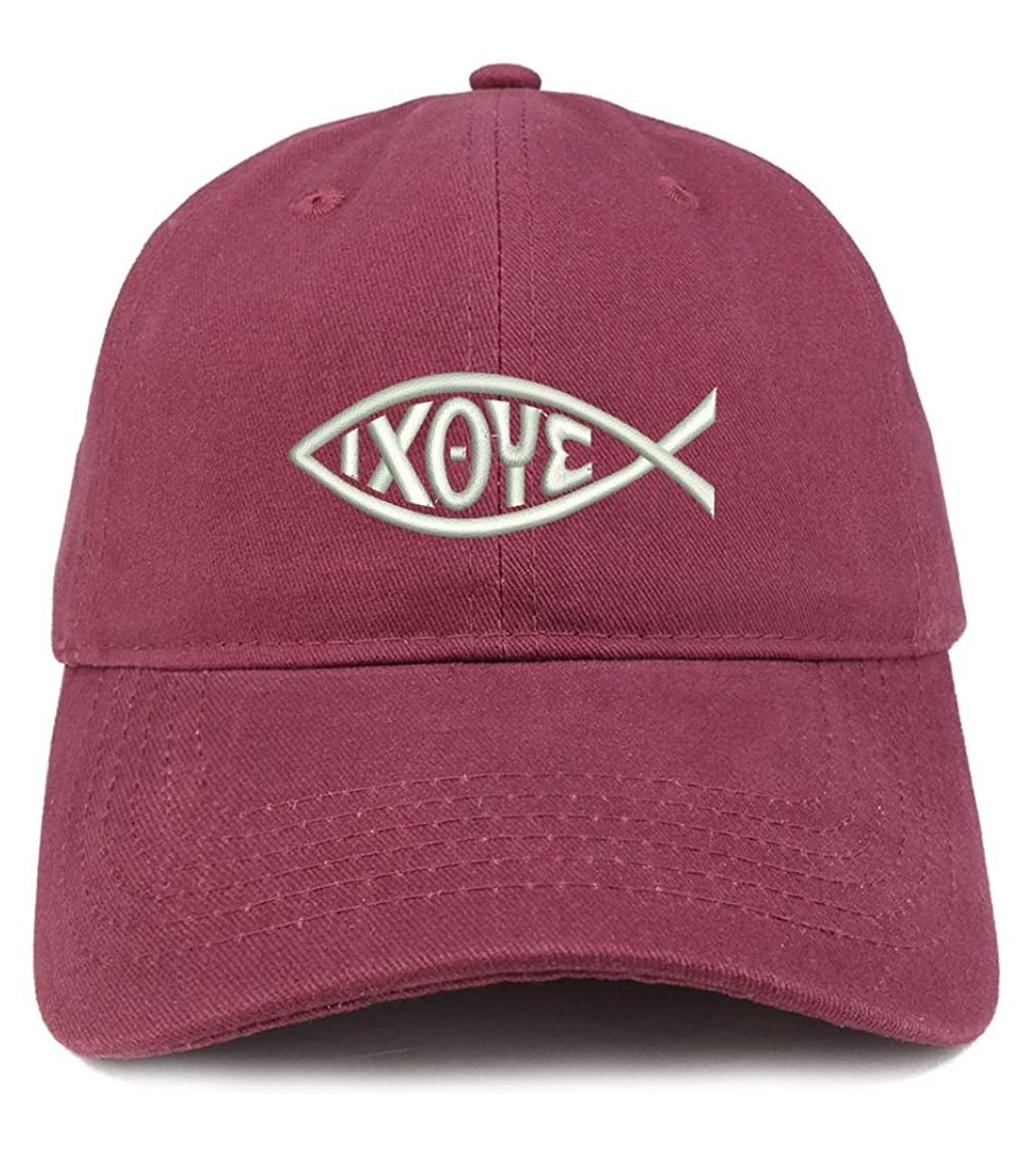 Baseball Caps Ichthus Fish Symbol Embroidered Brushed Cotton Dad Hat Ball Cap - Maroon - C4180D98UN2 $33.45