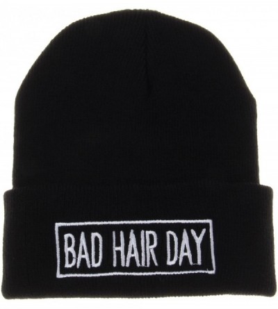 Skullies & Beanies Winter Knit Bad Hair Day with Line Beanie Hat (Black) - C711QF7AKHL $8.33