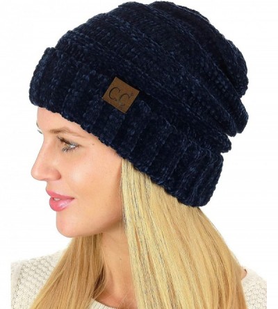 Skullies & Beanies Women's Chenille Oversized Baggy Soft Warm Thick Knit Beanie Cap Hat - Navy - C318IQG8M0Z $17.99