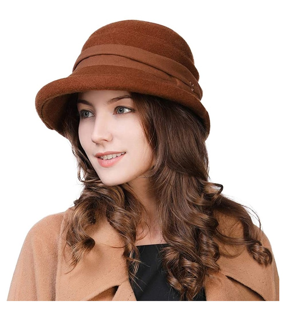 Bucket Hats 1920 Vintage Cloche Bucket Hat Ladies Church Derby Party Fashion Winter 55-59CM - 99727_brown - CL18KC2Q330 $23.10