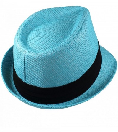 Fedoras Summer Fedora Panama Straw Hats with Black Band - Turquoise - C0183C6UHIT $8.77