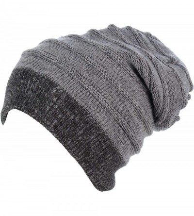 Skullies & Beanies Winter Womens Fashion Bun Ponytail Fleece Lined Slouchy Knit Beanie Hat - Heather Gray Stripes - C518AD0IC...
