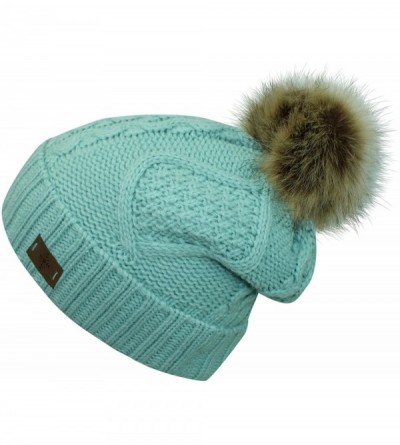 Skullies & Beanies Fleece Lined Cable Knit Beanie Cap Hat with Pom Pom - Mint Green - CZ12O53WVML $13.72