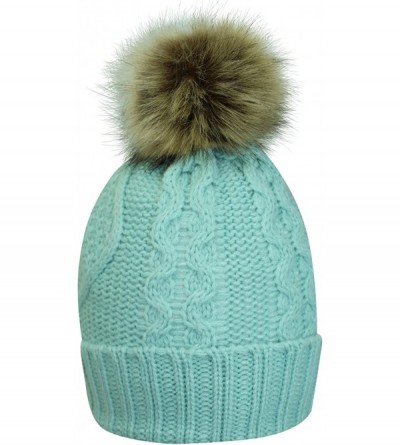 Skullies & Beanies Fleece Lined Cable Knit Beanie Cap Hat with Pom Pom - Mint Green - CZ12O53WVML $13.72