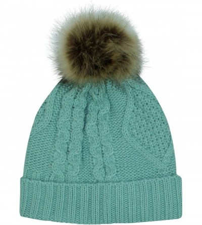 Skullies & Beanies Fleece Lined Cable Knit Beanie Cap Hat with Pom Pom - Mint Green - CZ12O53WVML $13.72