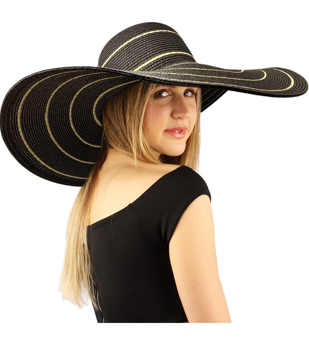 Sun Hats Summer Elegant Derby Big Super Wide Brim 8" Brim Floppy Sun Beach Dress Hat - Striped Lurex Black - CG195K8HEQT $35.36