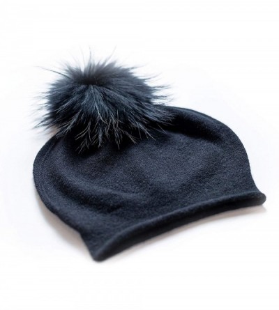 Skullies & Beanies Women's Winter 100% Pure Cashmere Beanie hat with Detachable Real Fur Pompom - Black - C81939LD3DK $36.04