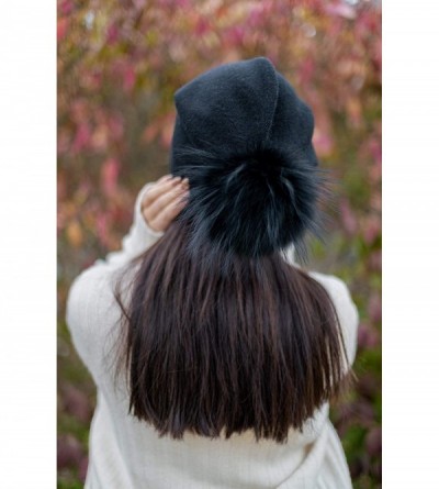 Skullies & Beanies Women's Winter 100% Pure Cashmere Beanie hat with Detachable Real Fur Pompom - Black - C81939LD3DK $36.04