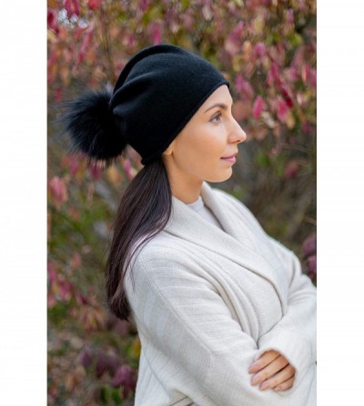 Skullies & Beanies Women's Winter 100% Pure Cashmere Beanie hat with Detachable Real Fur Pompom - Black - C81939LD3DK $36.04