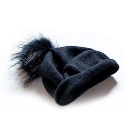 Skullies & Beanies Women's Winter 100% Pure Cashmere Beanie hat with Detachable Real Fur Pompom - Black - C81939LD3DK $36.04