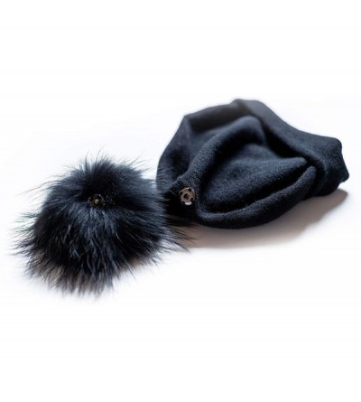 Skullies & Beanies Women's Winter 100% Pure Cashmere Beanie hat with Detachable Real Fur Pompom - Black - C81939LD3DK $36.04