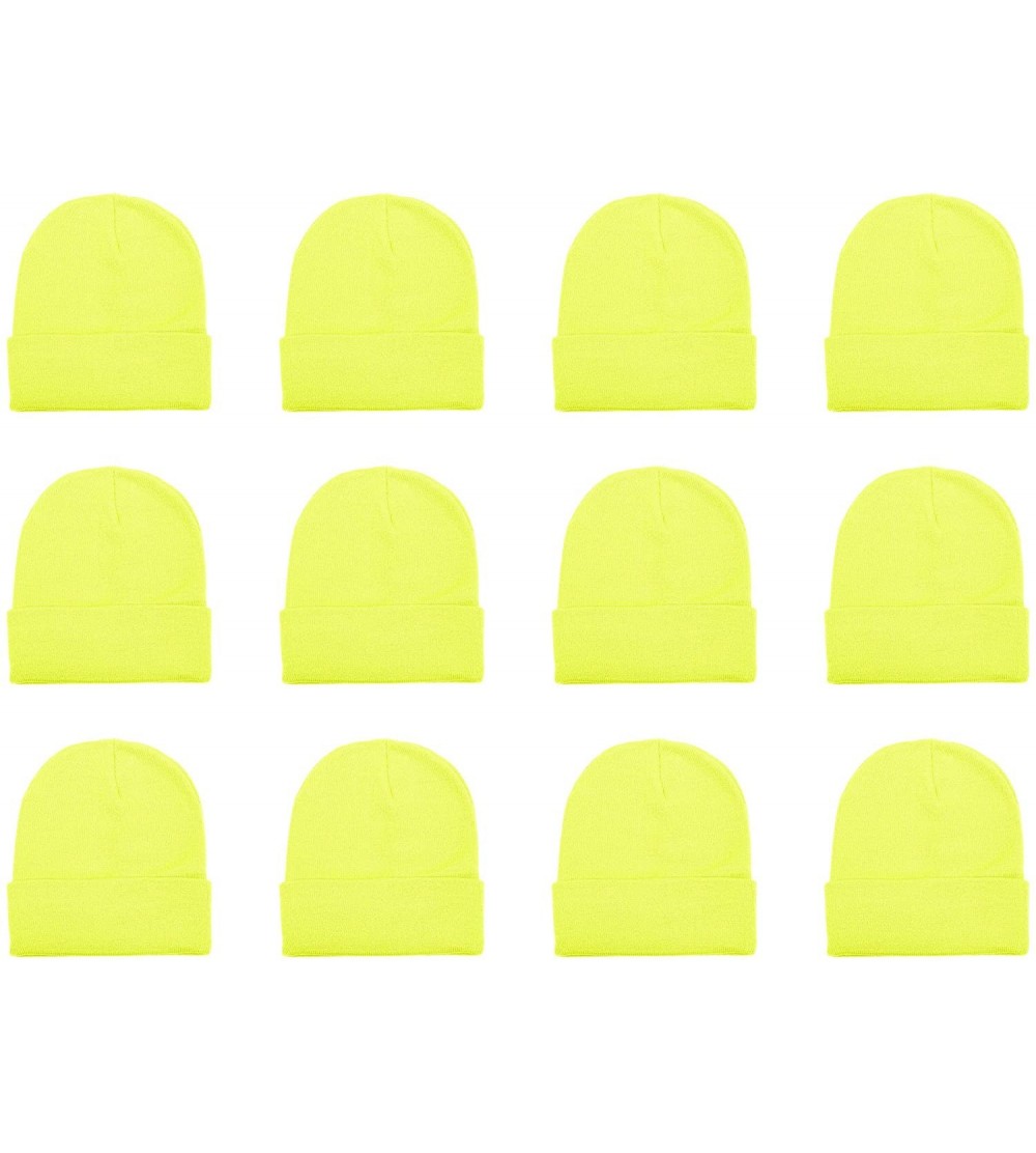 Skullies & Beanies Unisex Beanie Cap Knitted Warm Solid Color and Multi-Color Multi-Packs - 12 Pack - Neon Yellow - CM187C5H0...