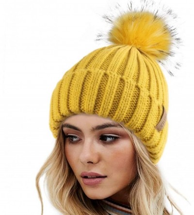 Skullies & Beanies Womens Winter Knitted Beanie Hat with Faux Fur Pom Warm Knit Skull Cap Beanie for Women - 22-mustard Yello...