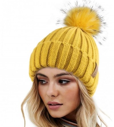 Skullies & Beanies Womens Winter Knitted Beanie Hat with Faux Fur Pom Warm Knit Skull Cap Beanie for Women - 22-mustard Yello...