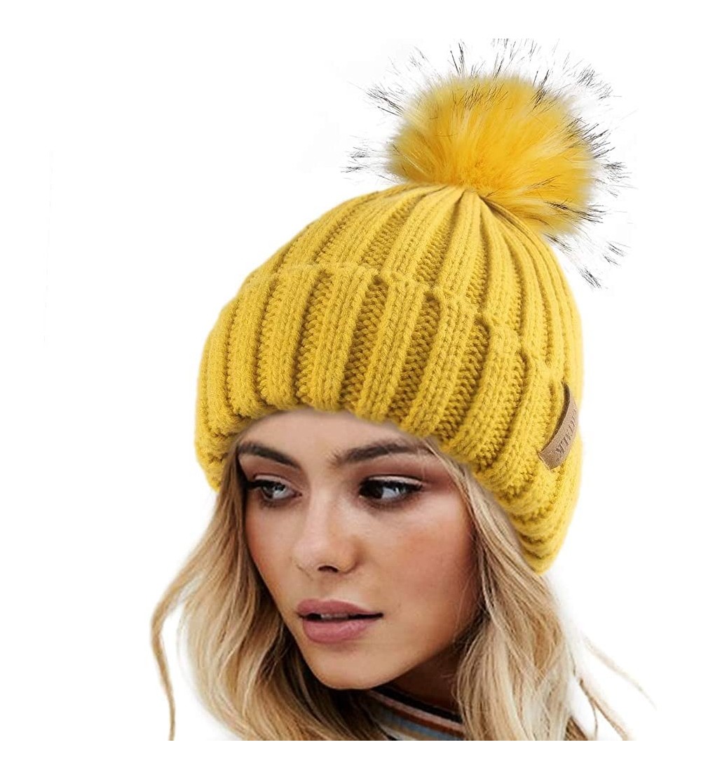 Skullies & Beanies Womens Winter Knitted Beanie Hat with Faux Fur Pom Warm Knit Skull Cap Beanie for Women - 22-mustard Yello...