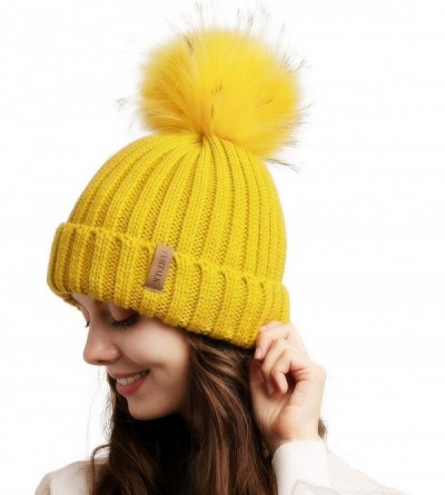 Skullies & Beanies Womens Winter Knitted Beanie Hat with Faux Fur Pom Warm Knit Skull Cap Beanie for Women - 22-mustard Yello...