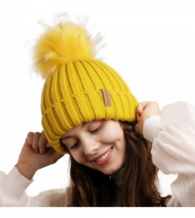 Skullies & Beanies Womens Winter Knitted Beanie Hat with Faux Fur Pom Warm Knit Skull Cap Beanie for Women - 22-mustard Yello...