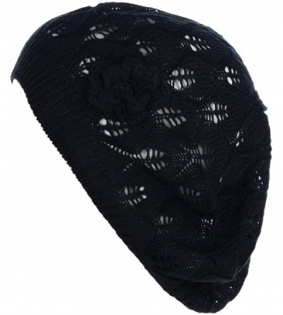 Berets Chic Parisian Style Soft Lightweight Crochet Cutout Knit Beret Beanie Hat - Black Leafy - CT12MWW9QU7 $13.21